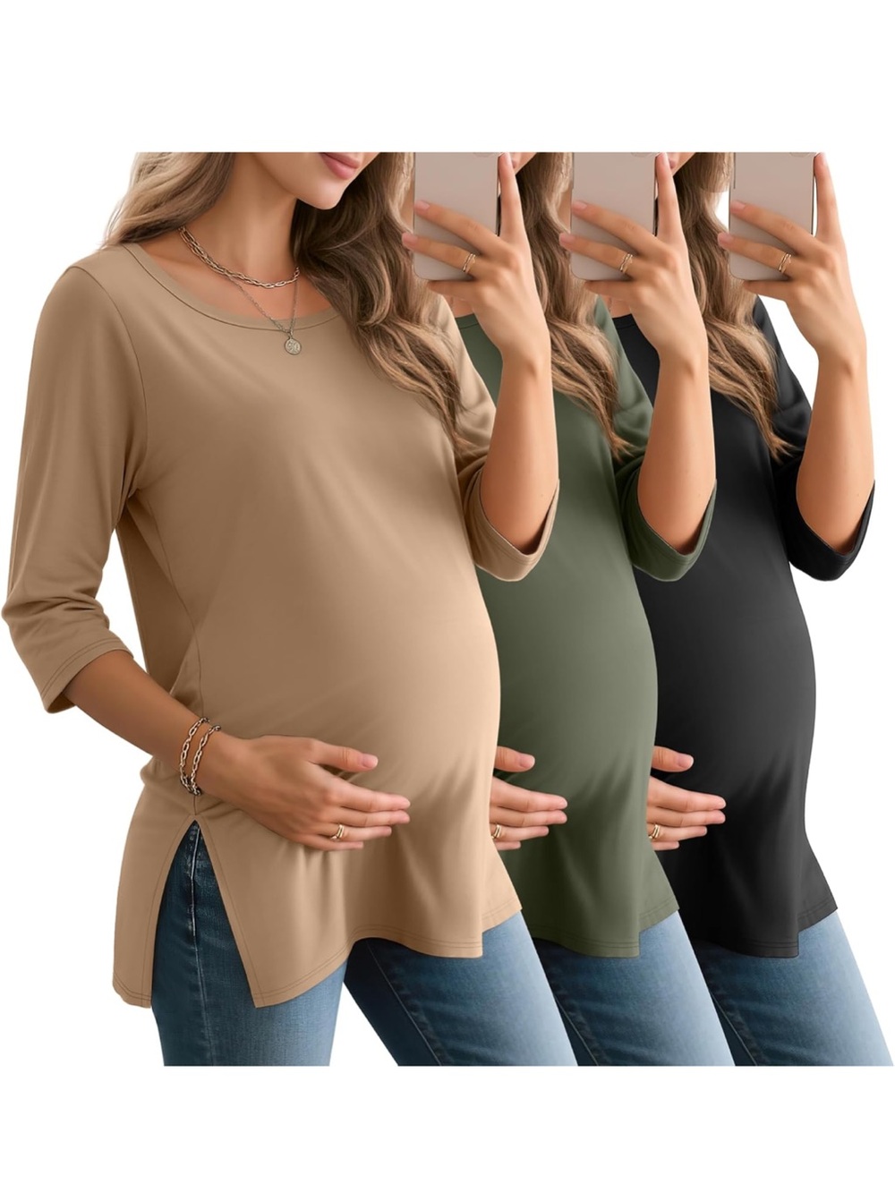 Maternity Scoop Neck Tunic Top - Beige, Olive, Black